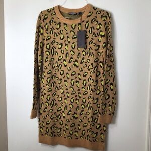 Brave Soul Tan Leopard Print Knit Sweater with Black and Yellow Accents
